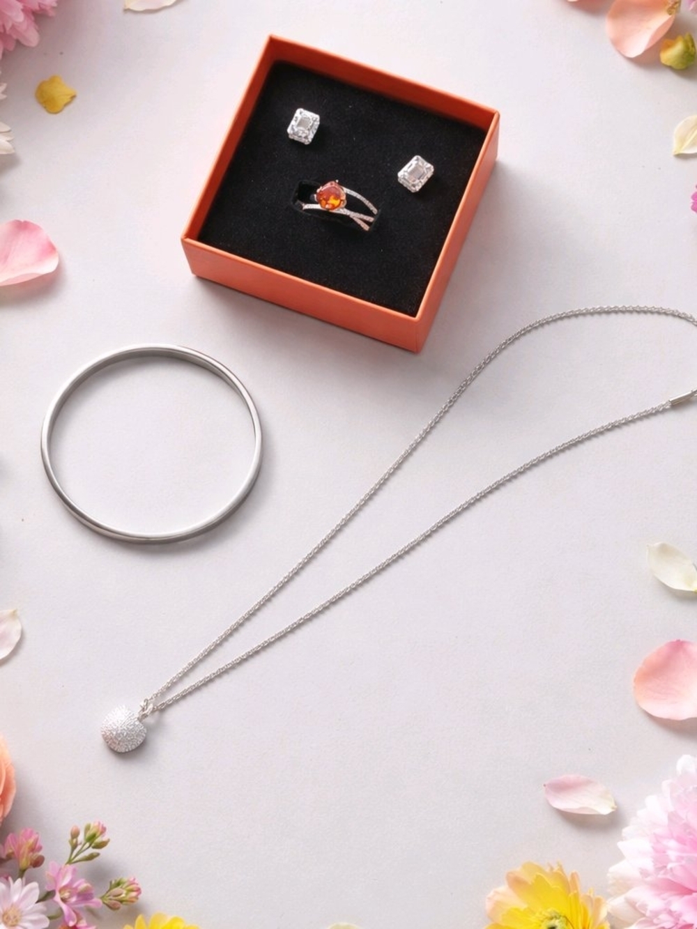 Mother's Day Sale- SilverJewelry Set with OrangeAccent Ring. 4CT Moissanite
